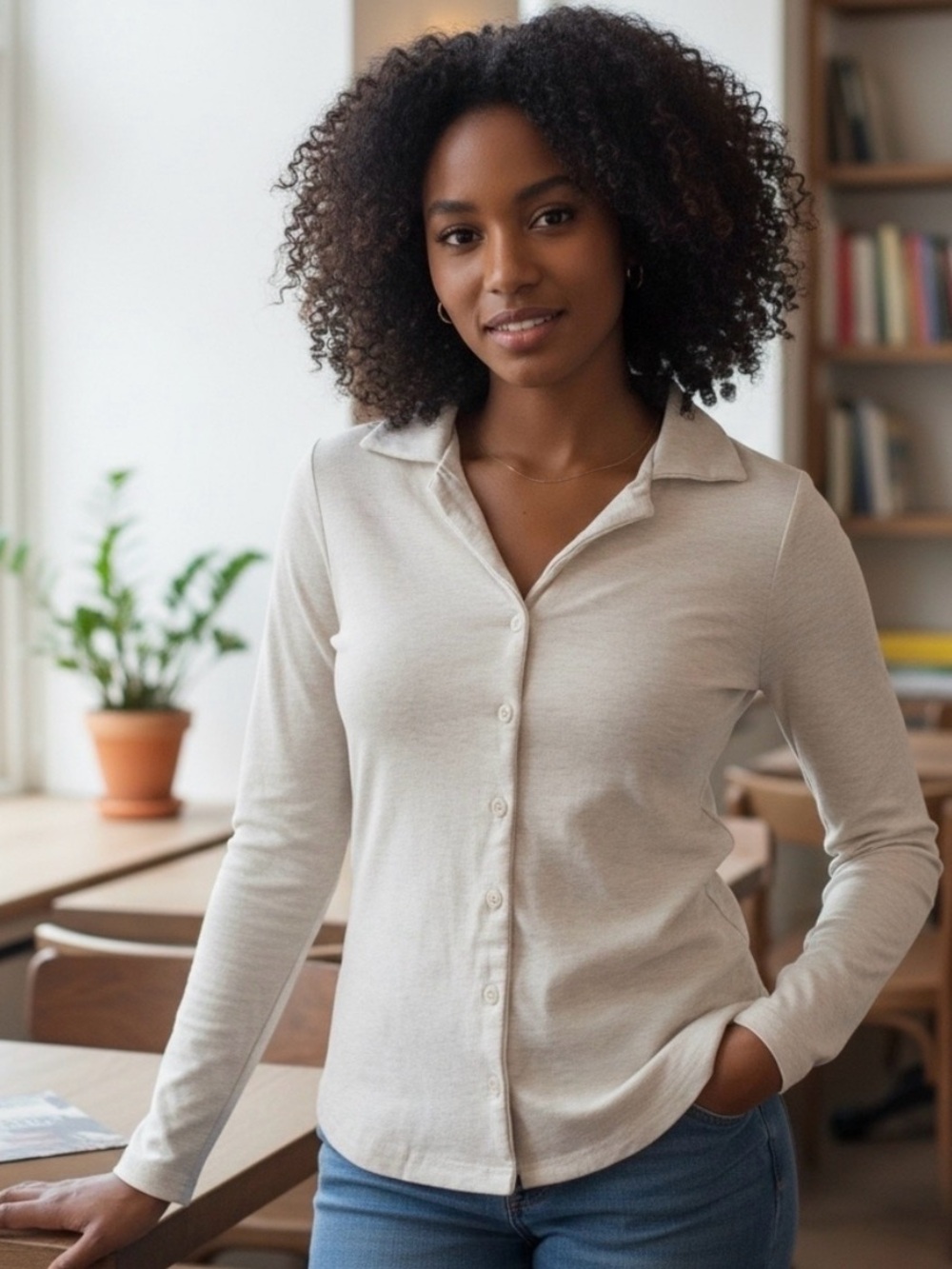 Frank & Oak Cream Button-Up Long Sleeve Top
